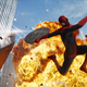 Spider-Man flying through the air with fire at his back.